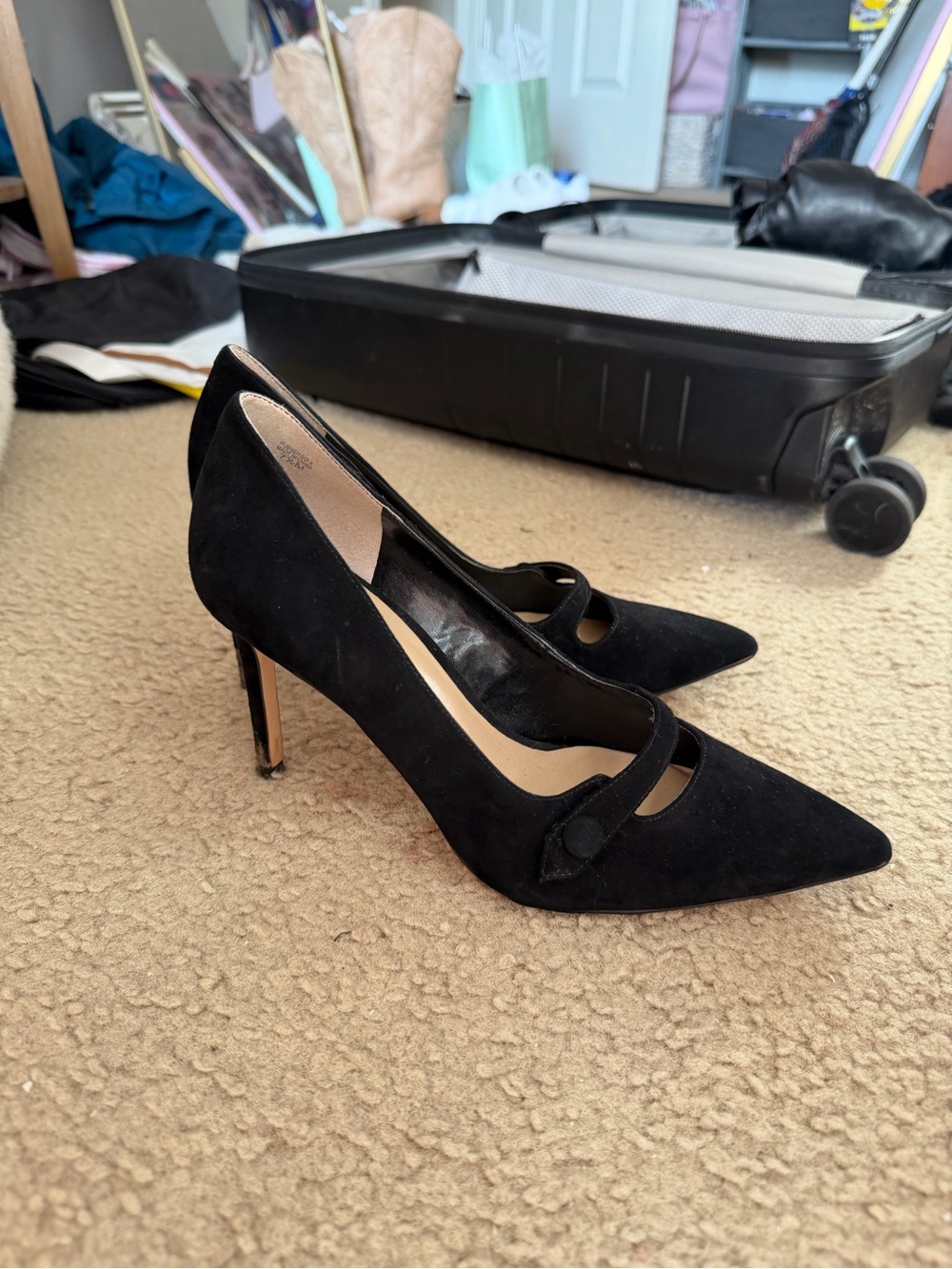 Classic Black Suede Pointed Mary Jane Pumps